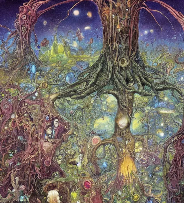 Image similar to aliens grow humans from the cosmic tree of life, whilst it absorbs all galactical and masonic energy fields, by daniel merriam, deep and rich colours,