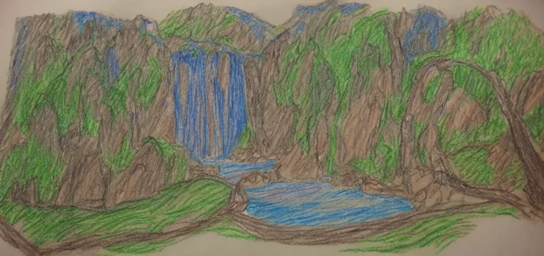 Image similar to Rivendell poorly drawn in crayon by a five-year old