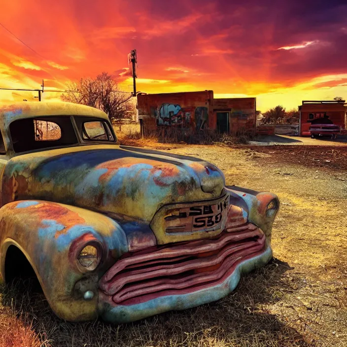 Image similar to a sunset light landscape with historical route 6 6, lots of sparkling details and sun ray ’ s, blinding backlight, smoke, volumetric lighting, colorful, octane, 3 5 mm, abandoned gas station, old rusty pickup - truck, beautiful epic colored reflections, very colorful heavenly, softlight