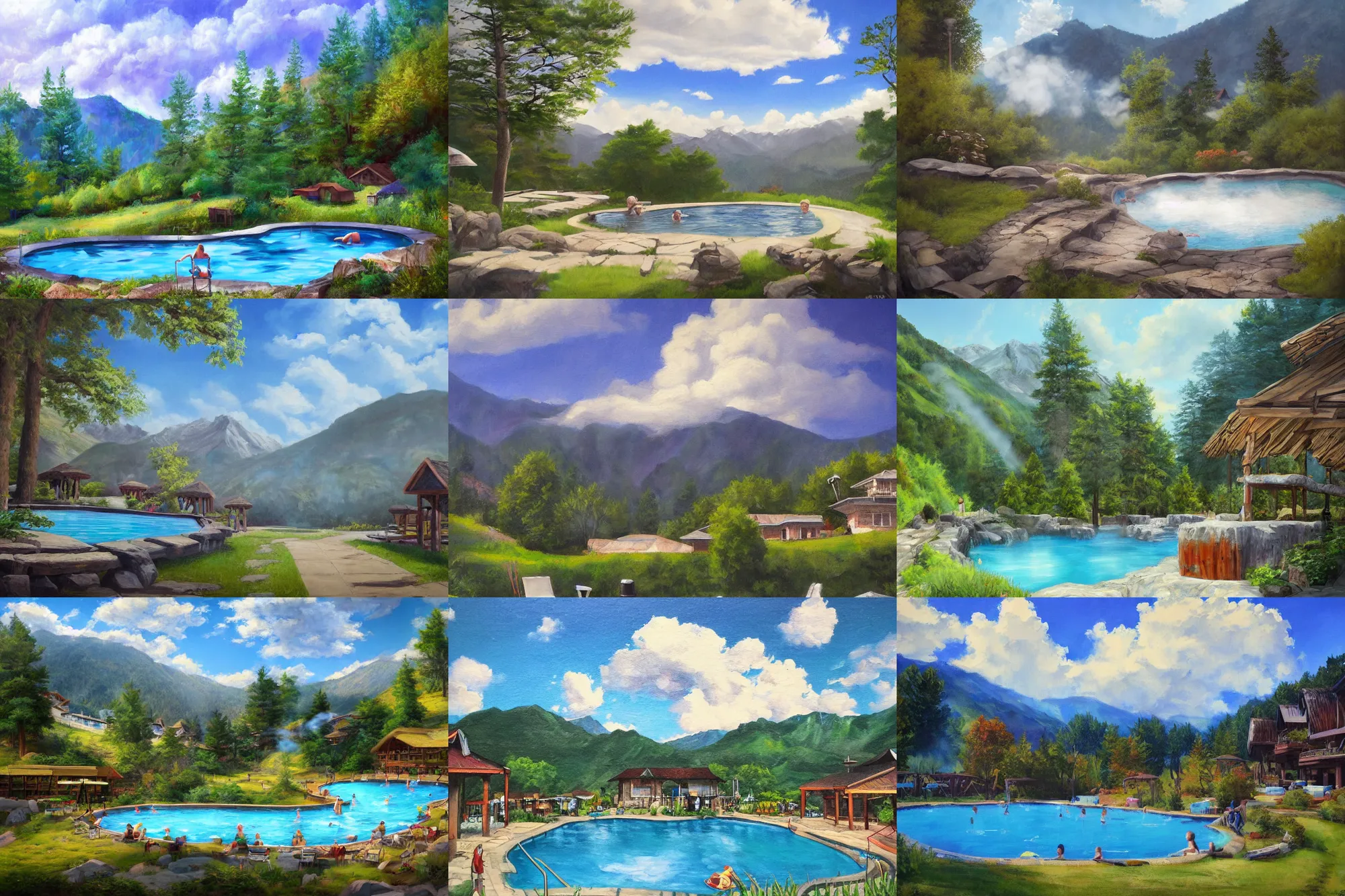 Prompt: holiday resort, hot springs pool in the mountains, relaxing, summer, trees, steam clouds, detailed painting, trending on artstation