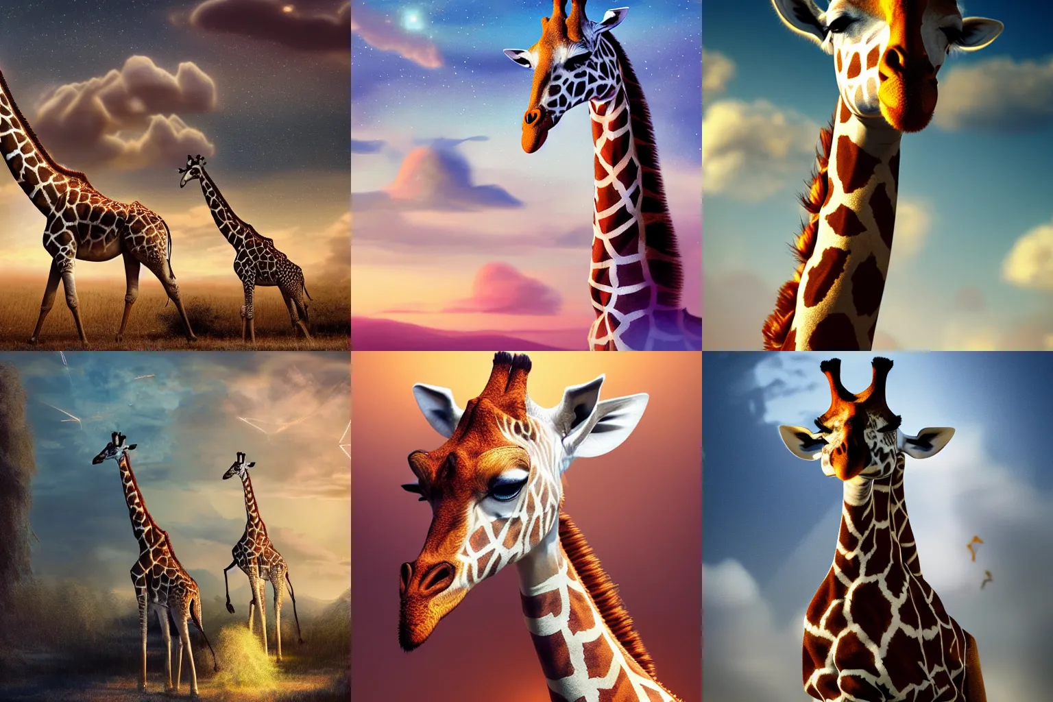 Prompt: a beautiful female goddess of giraffes character, character is in all its glory, character is in her natural relaxed pose, rim lights, particles and dust in the air, fancy clouds, highly detailed professional photo, dynamic lights, particles are flying, depth of field, trending on artstation, hyper realistic, vray caustics, super detailed, colorful accents, cinematic shot