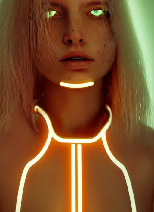 Image similar to a sensual scandinavian female humanoid with freckled cheeks, cyber neon lighting, futurism, intricate futuristic jewelry accessories, cyberpunk glossy white latex swimsuit, profile posing, hyper photorealistic, crispy quality, digital photography, trending in artstation, trending in pinterest, cinematic, 4 k ultra hd, art by pascal blanche, art by greg rutkowski,