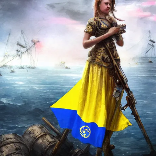 Image similar to ukrainian girls with ukrainian flag near big ruined warship, happy, concept art, trending on artstation, highly detailed, intricate, sharp focus, digital art, 8 k