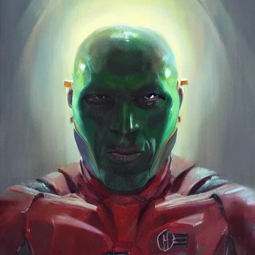 Prompt: face protrait of martian manhunter, realistic, ultrahd, jeremy mann painting