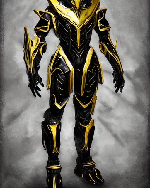 Image similar to black and gold warframe armor cinematic detailed photorealistic digital artwork digital painting