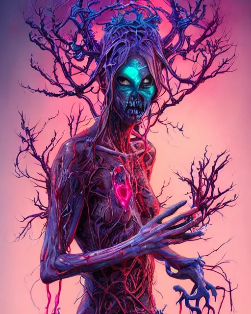 Image similar to A zombie with bioluminescent varicose veins and blood vessels, by artgerm and moebius and Peter mohrbacher, artstation, vivid pink and blue colors, stunning fantasy horror, smooth, intricate, ornate, digital painting, artstation, concept art, morbid fantasy, sharp focus, illustration, trending on artstation