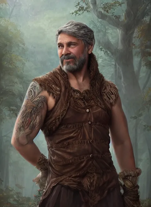 Prompt: a relaxed male middle aged druid in a sleeveless west, brown short hair, strong, full body, 8 k, hyperrealistic, hyperdetailed, fantasy portrait by laura sava