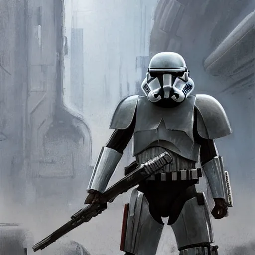 Image similar to an extremely long shot of an imperial stormtrooper in battle position ready to shoot his blaster concept art by Doug Chiang cinematic, realistic painting, high definition, very detailed, extremely high detail, photo realistic, concept art, the Mandalorian concept art style