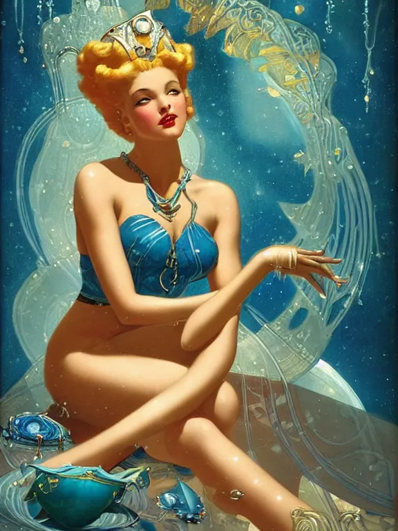 Image similar to princess kida the high queen of ancient atlantis, a beautiful art nouveau portrait by Gil elvgren, beautiful underwater city environment, centered composition, defined features, golden ratio, silver jewelry, stars in her gazing eyes