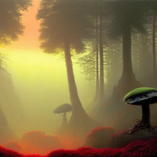 Prompt: landscape painting of beautiful redwood forest overrun with strange alien plants and cancerous tumor pufball mushrooms with an ominous red sunset, by Beksinski and Thomas Kinkade and Ansel Adams and Greg Rutkowski and Moebius