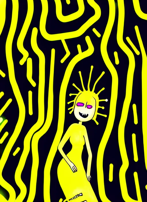 Image similar to highly detailed closeup portrait of wasteland wavy glowing yellow and white plasma hair cute happy tribal lady, stray electric spark wiring by jean jullien, 4 k resolution, gradient yellow, black and white color scheme!!! ( ( dystopian city background ) )