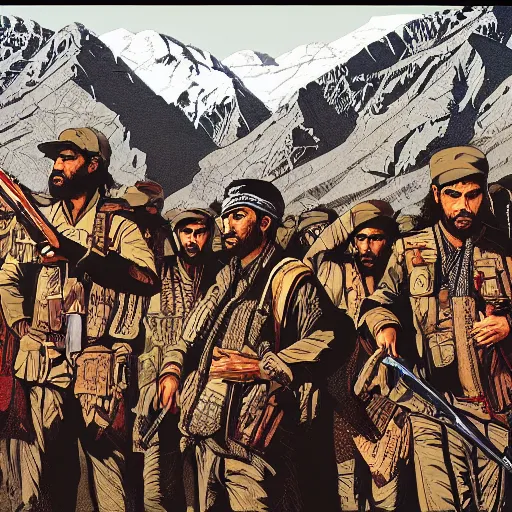 Image similar to kurdish freedom fighters in the mountains art by martin ansin, highly detailed, 8 k, high resolution, award winning art, incredibly intricate