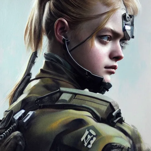 Prompt: ultra realistic portrait painting of elle fanning in metal gear solid and death stranding wearing swat gear, art by frank frazetta, 4 k, ultra realistic, highly detailed, epic lighting
