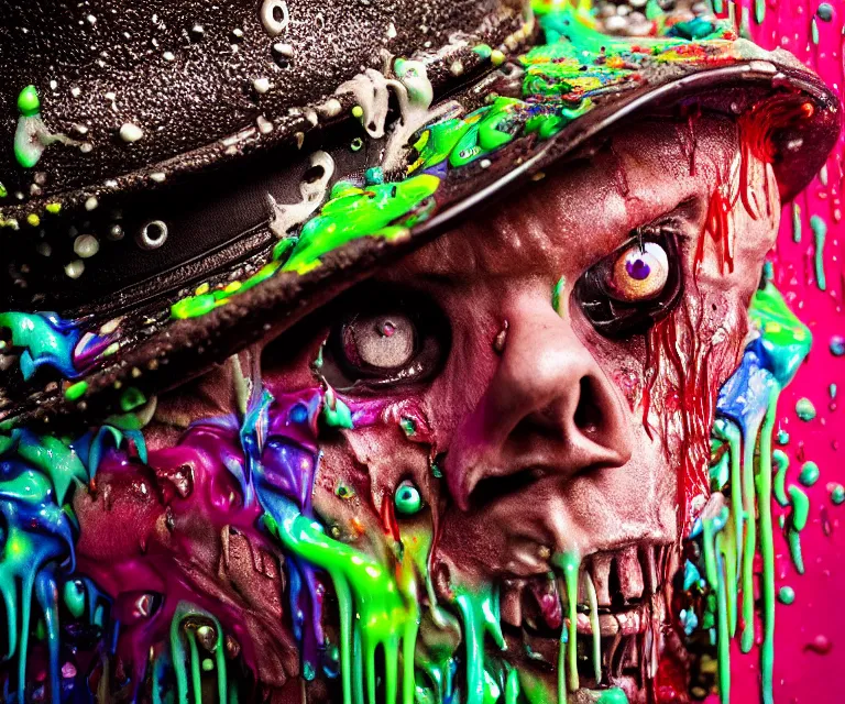 Prompt: beautiful 3 5 mm photograph of a slimy rotting zombie wearing a police uniform and police hat covered in colorful wet goop, dripping with colorful liquid, policeman, cop, biocop, intricate details, dark ambient, service cap, atmospheric, movie poster, poster, horror, elegant, super highly detailed, professional digital photo, artstation, concept art, 8 k