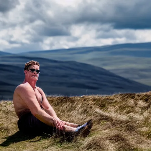 Prompt: portrait of scottish dude tanning on a summer day in the Cairngorms