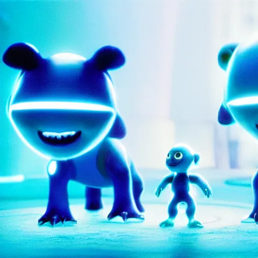 Image similar to cute smiling pixar and chibi style electric blue scaled glowing baby dinosaurs in tron movie, cinestill