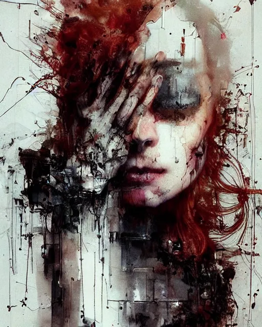 Image similar to beautiful redhead woman, wires, skulls!! machines ( by emil melmoth zdzislaw belsinki craig mullins yoji shinkawa ) realistic render ominous detailed photo atmospheric by jeremy mann francis bacon and agnes cecile ink drips paint smears!! digital glitches glitchart!!
