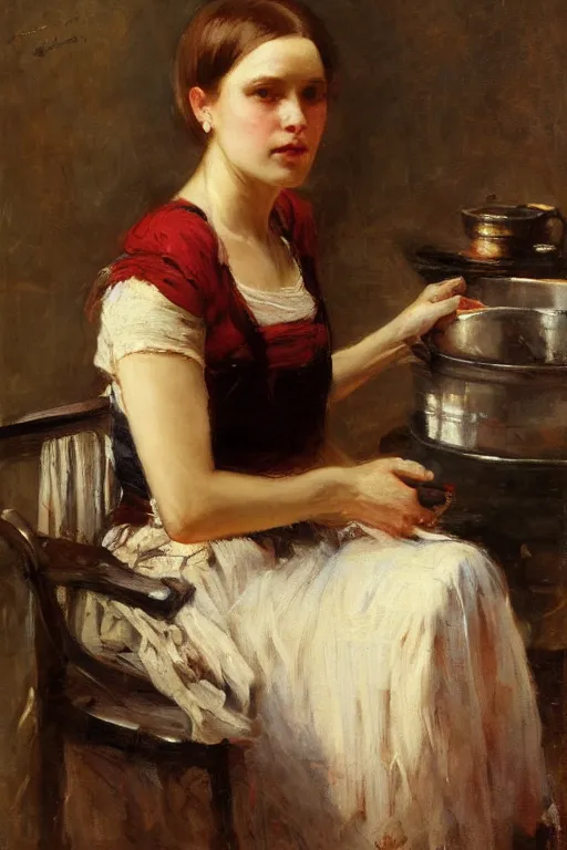 Prompt: Solomon Joseph Solomon and Richard Schmid and Jeremy Lipking victorian genre painting full length portrait painting of a young woman preparing a meal, red background