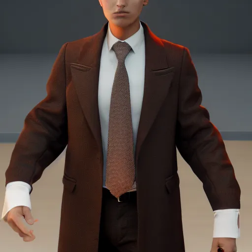 Prompt: a teen with black short hair and dark brown eyes wearing a formal overcoat, hyperrealistic, high quality, high detail, 8k,octane render, unreal engine 5, portait photo