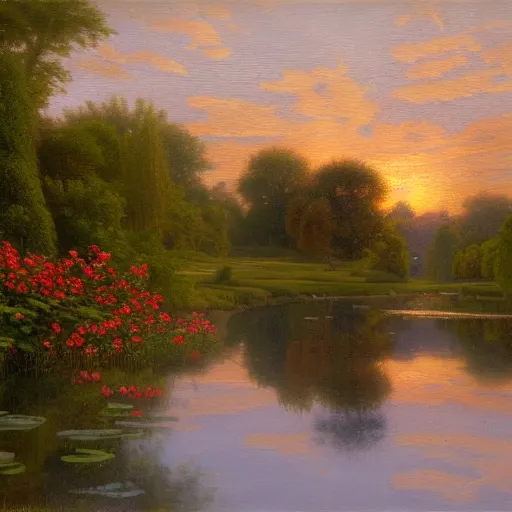 Image similar to a painting of a duck pond at sunset, surrounded by flower bushes, a detailed matte painting by Robert S. Duncanson, deviantart, hudson river school, terragen, trending on artstation