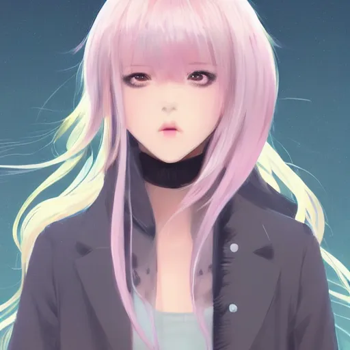 Image similar to gorgeous anime woman portrait, pastel hair, bodycon dress, clear clean face, face by ilya kushinov, avetetsuya studios, alexandra fomina artstation, by makoto shinkai, digital 2 d, painterly style, cinematic matte illustration, clean composition, character design, ufotable, vofan