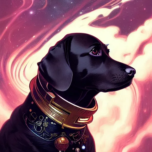 Image similar to Portrait of dog in space, dark fantasy, intricate, elegant, highly detailed, digital painting, artstation, concept art, smooth, sharp focus, illustration, art by Sam Youn and Fernanda Suarez and Artem Demura and alphonse mucha