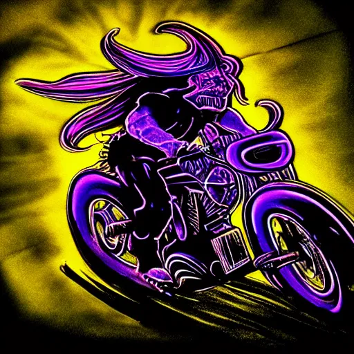 Image similar to psychedelic blacklight airbrush artwork, hyper stylized action shot of an orc biker riding a motorcycle, clear focused details, radical 9 0 s, soft airbrushed edges and gradients on a black background