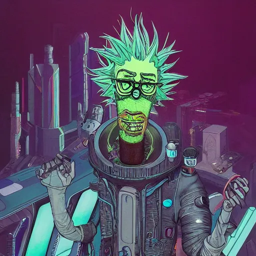 Image similar to pickle rick sanchez cyberpunk portrait by gaston bussierre and charles vess and james jean and erik jones and rhads, inspired by ghost in the shell, beautiful fine face features, intricate high details, sharp, ultradetailed