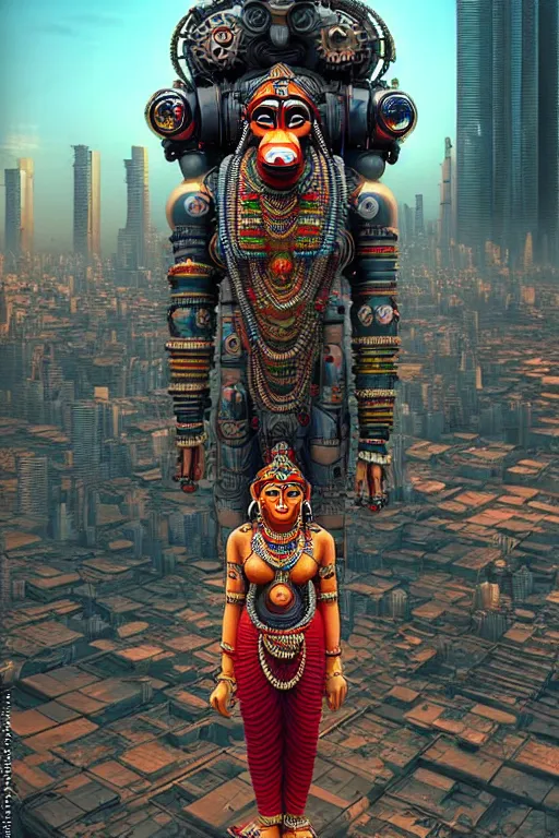 Image similar to high quality 3 d render very cute cyborg!! hanuman! madhubani, highly detailed, cyberpunk mumbai in the background, unreal engine cinematic smooth, in the style of solaris, hannah yata charlie immer, moody light, low angle, uhd 8 k, sharp focus