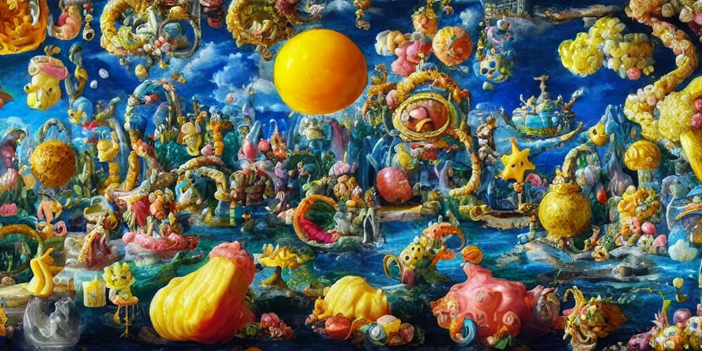 Prompt: SpongeBob, tilt shift, prismatic, italian masterpieces, painted marble sculptures, baroque, beautiful, gracious, pagans, marble, clouds, sun, fruits, bioluminescent skin, ultra detailed