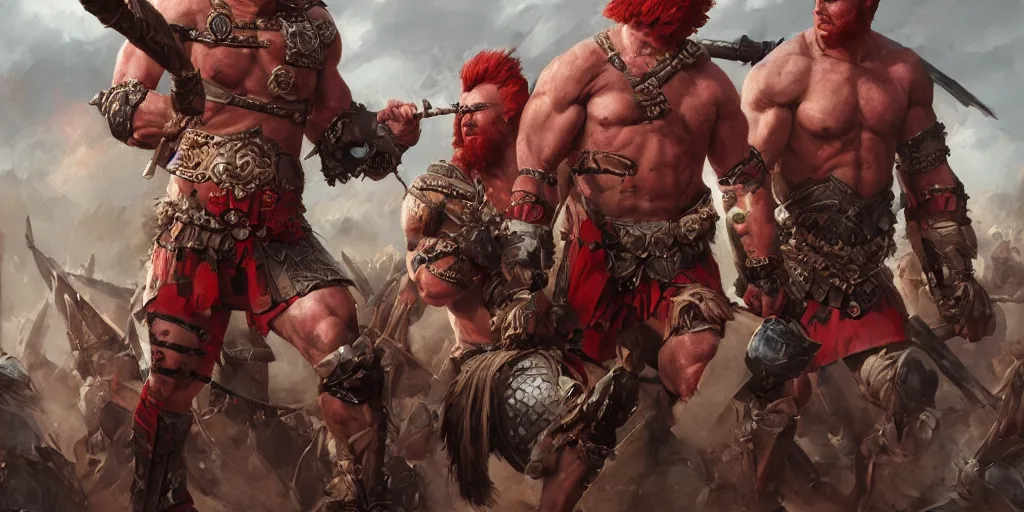 Prompt: bulky muscular scottish warriors with red hair, tribal blood red war paintings, waist plate armor, 4 k oil on linen by wlop, artgerm, andrei riabovitchev, nuri iyem, james gurney, james jean, greg rutkowski, highly detailed, soft lighting 8 k resolution