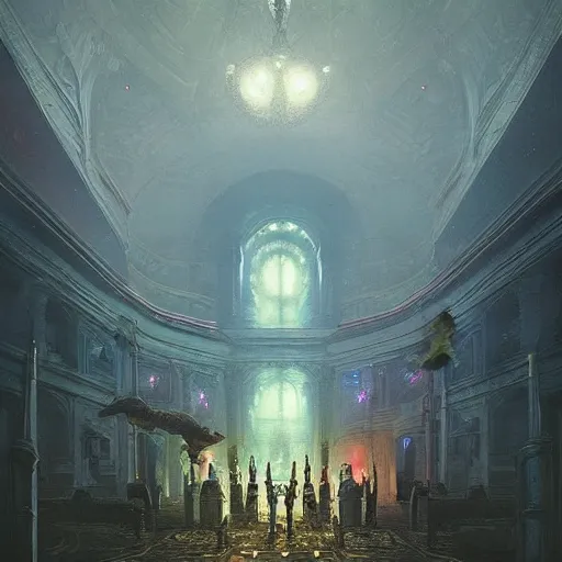 Prompt: eldritch legislature, fantasy, realistic colorful photography, interior, hyperrealism, incredible, award - winning photography, regal, rich colors, by greg rutkowski, lovecraftian