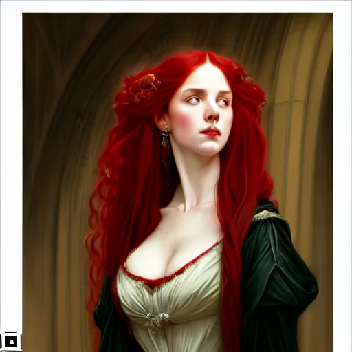 Image similar to long fancy red hair aristocrat, portrait, gentle, solemn face, cloth, female, city background, d & d, fantasy, intricate, elegant, digital painting, red green color palette, artstation, octane render, concept art, matte, sharp focus, illustration, herrarthstone, art by artgerm and greg rutkowski and alphonse mucha