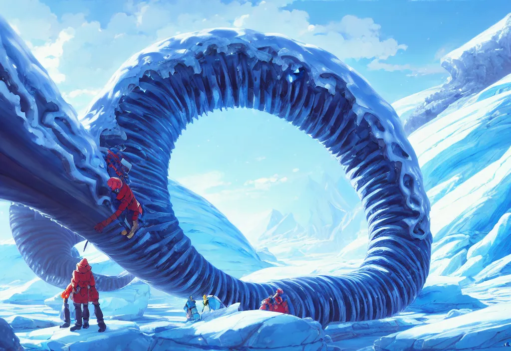 Prompt: a giant ice worm on a glacier, intricate oil painting, high detail illustration, sharp high detail, manga and anime 1 9 9 9, official fanart behance hd artstation by jesper ejsing and makoto shinkai, 4 k,