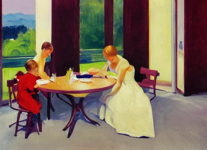 Image similar to detailed painting of mother with two sons aged 6 and 9 on vacation in the druskininkai resort by edward hopper