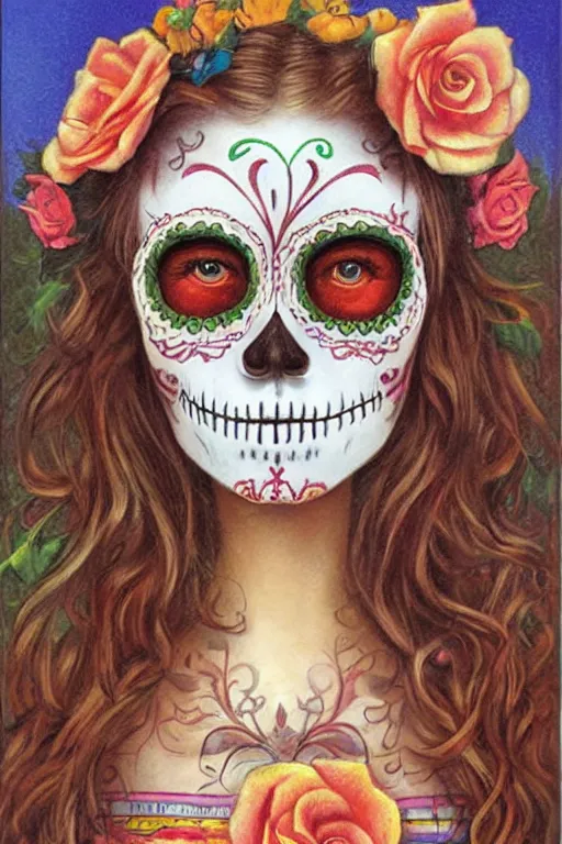 Prompt: Illustration of a sugar skull day of the dead girl, art by bob byerley