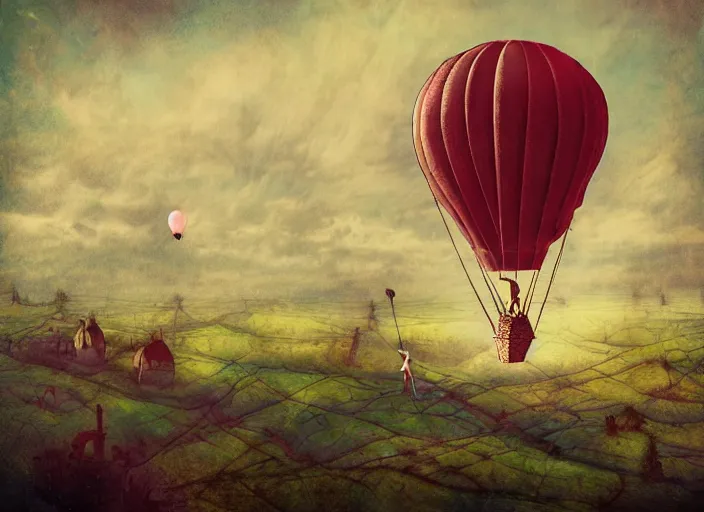 Image similar to single octopus shaped hot air balloon flying over english countryside, lowbrow, matte painting in the style of alexander jansson,