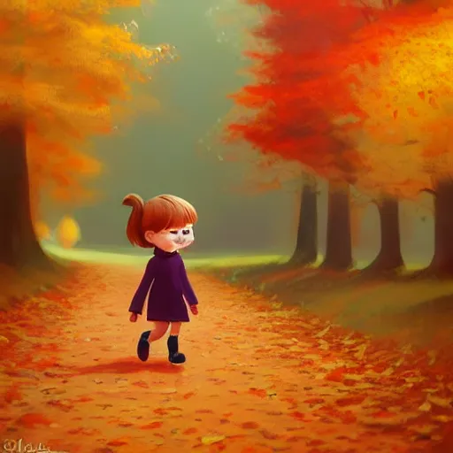 Prompt: ansell mary jane ilustration a beautiful little girl smiling, walking calmly through an autumn forest, style by goro fujita, characterized by ansell mary jane, sharp focus, highly detailed, artstation