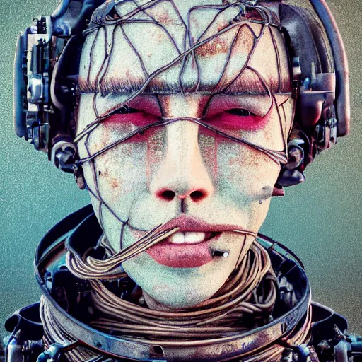 Image similar to a detailed portrait of a vagabond robot in dessert rags, 4 k, exposed wires, sci - fi, advanced technology, ai, human features, human shape