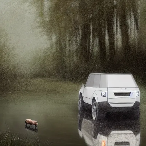 Prompt: a white landrover crossing the a swamp while its raining, digital art, artstation, photgraphy, highly detailed, digital painting, artstation, concept art, sharp focus, illustration, art by greg rutkowski and artgerm