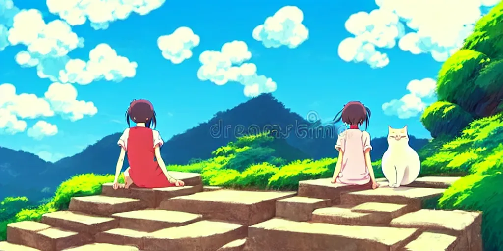 Image similar to the girl and the cat, sitting on stairs. morning in a small village in the mountains, rocky roads, beautifull puffy clouds. anime, studio ghibli. intricate, beautiful, cinematic