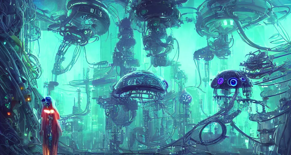 Prompt: bioluminescent cyberpunk jellyfish, deep sea diver, extreme light, distant cyberpunk atlantis, organic, bio domes, coral, deep ocean, robotic, mariana trench midnight zone, bubbles, hyper realistic, hyper detailed, digital art, trending in artstation, studio quality, photorealistic, photo, by jesper ejsing, wlop, paul lehr