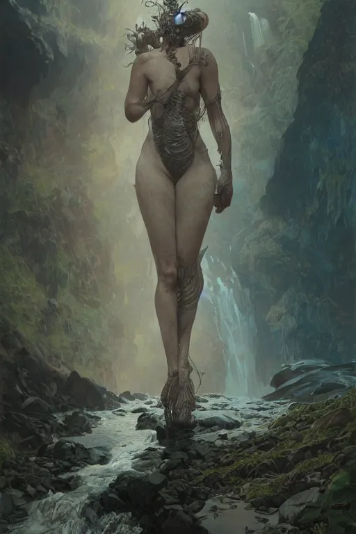 Prompt: a full body portrait of a beautiful post apocalyptic offworld neoicelandic biofarmer swimming by the waterfalls, intricate, elegant, highly detailed, digital painting, artstation, concept art, smooth, sharp focus, illustration, art by krenz cushart and artem demura and alphonse mucha