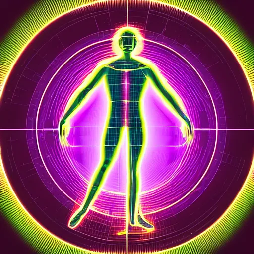 Image similar to vitruvian man, portrait, vaporwave, synthwave, neon, vector graphics, cinematic, volumetric lighting, f 8 aperture, cinematic eastman 5 3 8 4 film