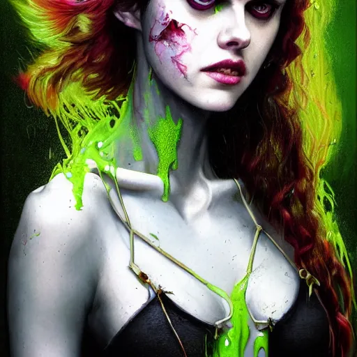 Image similar to a Demon Slayer portrait of Alexandra Daddario, tall, pale-skinned, slender with lime green eyes and long eyelashes by Stanley Artgerm, Tom Bagshaw, Arthur Adams, Carne Griffiths, trending on Deviant Art, street art, face enhance, chillwave, maximalist, full of color, glittering