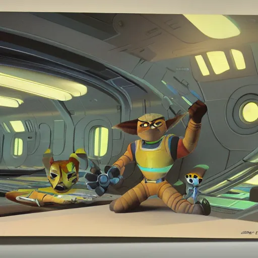 Image similar to ralph mcquarrie concept art for ratchet & clank, matte scene