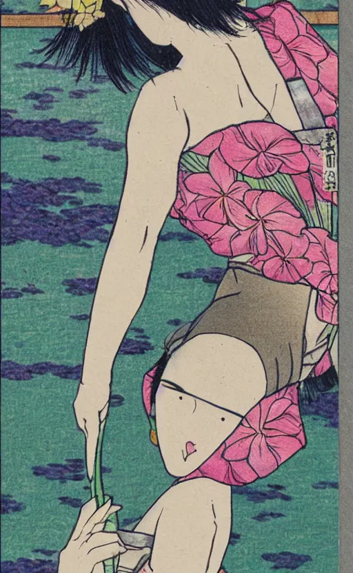 Prompt: by akio watanabe, manga art, a girl playing on wooden lake bridge and iris flowers, trading card front, kimono, realistic anatomy