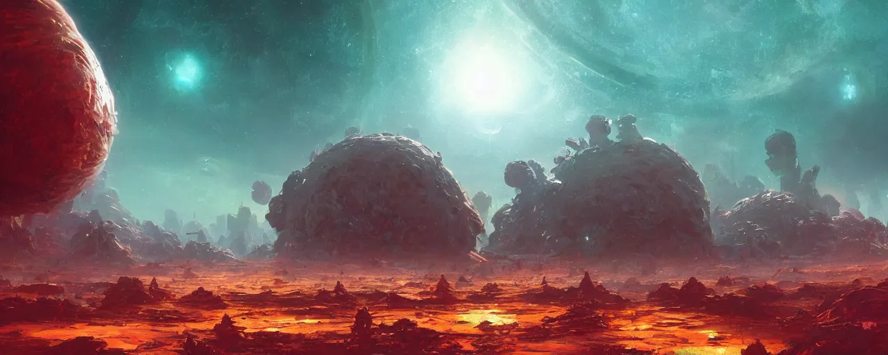 Image similar to ” outer planet landscape, [ cinematic, detailed, epic, widescreen, opening, establishing, mattepainting, photorealistic, realistic textures, octane render, art by paul lehr ] ”