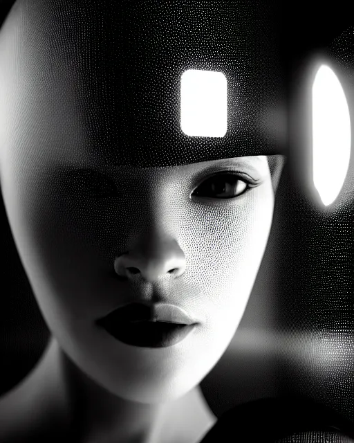 Image similar to black and white high quality photo of a beautiful female human-cyborg looking into a sci-fi mirror, volumetric lighting, liminal space, brutalism, foggy, dreamy, hyperdetailed, bokeh, photorealistic, cinematic, masterpiece, Metropolis, elegant, dark, octane render, 8K, in the style of Man Ray