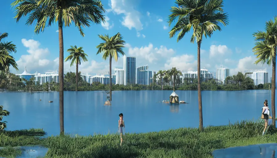 Image similar to concept city art of an artificial lake surrounded by palm trees and small blues domes in miami, sunny day, hyperdetailed, artstation, cgsociety, 8 k